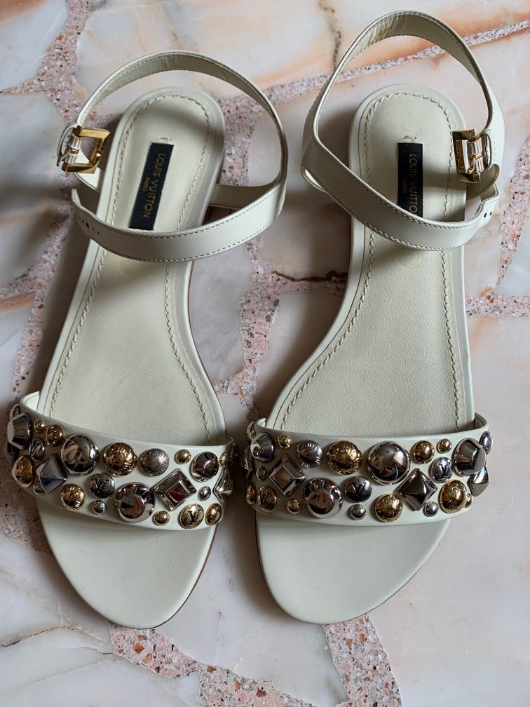 Louis Vuitton White Croc Embossed Leather Flat Slingback Sandals