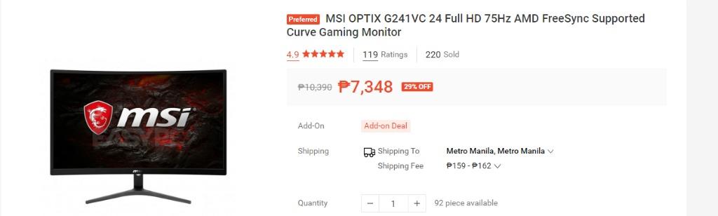 Msi Optix G241vc 24 Full Hd 75hz Amd Freesync Supported Curve Gaming Monitor Computers Tech Parts Accessories Monitor Screens On Carousell