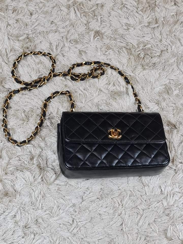 Chanel Vintage Chanel Black Quilted Satin Flap Shoulder Party Bag