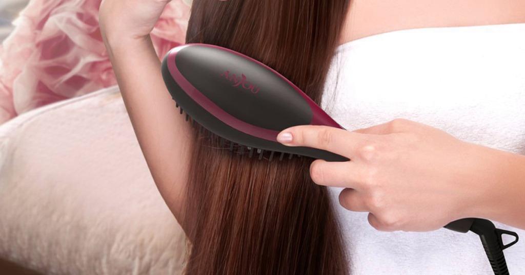Anjou Ionic Hair Straightener Brush Electric Ceramic Heating Straightening Brush Anti Burn Anti Static for Frizzy Hair Max 450 230 Adjustable