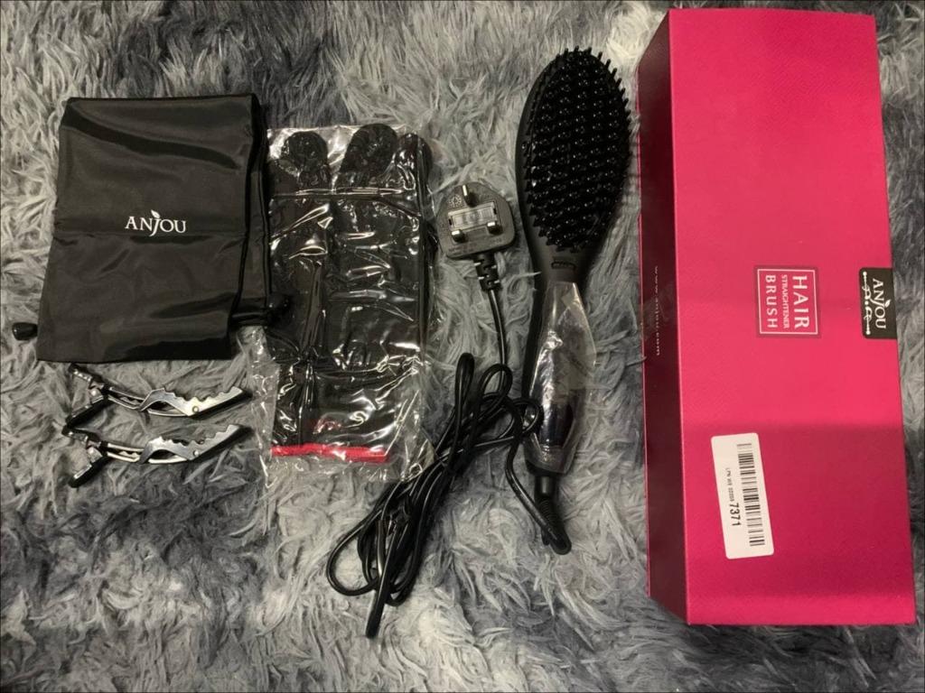 Anjou Ionic Hair Straightener Brush Electric Ceramic Heating Straightening Brush Anti Burn Anti Static for Frizzy Hair Max 450 230 Adjustable