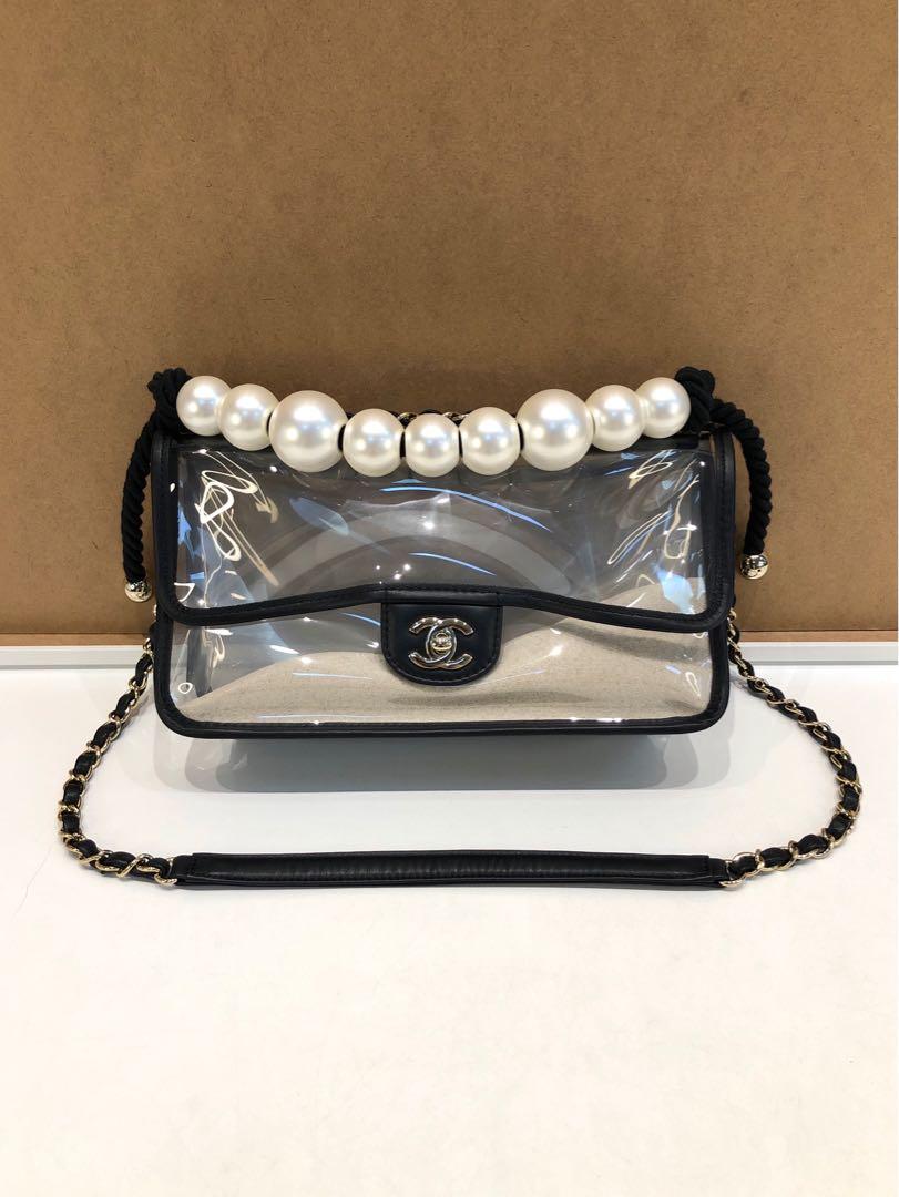 Chanel Coco Sand By The Sea Bag Black Leather Trims / PVC / Ivory Glass  Pearl, Luxury, Bags & Wallets on Carousell