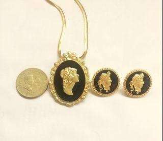 For Sale I have this     Black Baroque Gold Silhouette Cameo Lady Brooch Pendant Necklace Earrings Set     Beautiful Oval Framed 40mm by 32mm    20mm Earrings   Can be worn as a Brooch Pin or a Necklace      Famous Baroque Style Jewelry