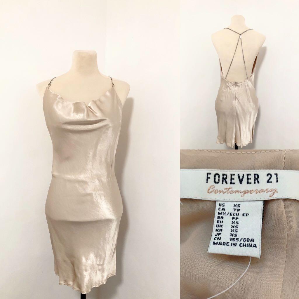 Forever 21 Champagne Cowl Mini Party Silk Satin Dress with Chain Backless Strap Women s Fashion Dresses Sets Dresses on Carousell
