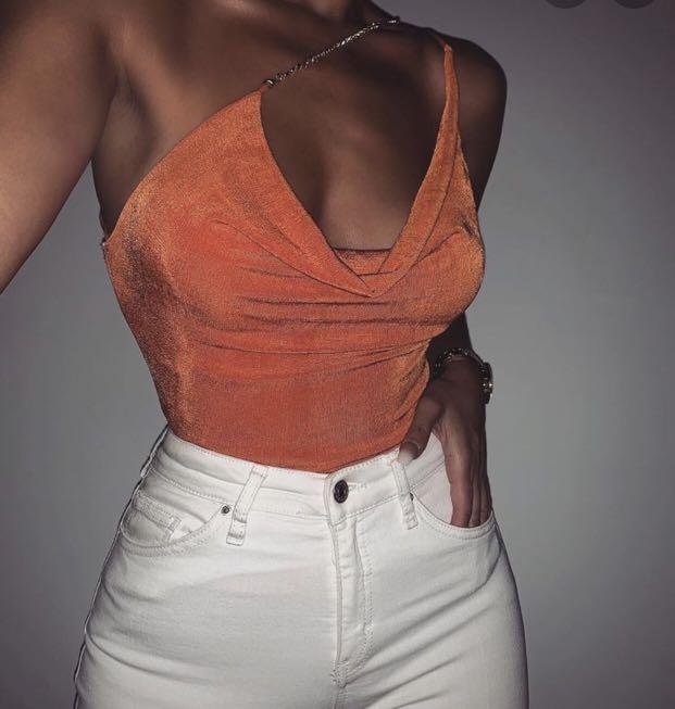 Jluxlabel Orange Sophia Rhinestone Strap Top, Women's Fashion ...