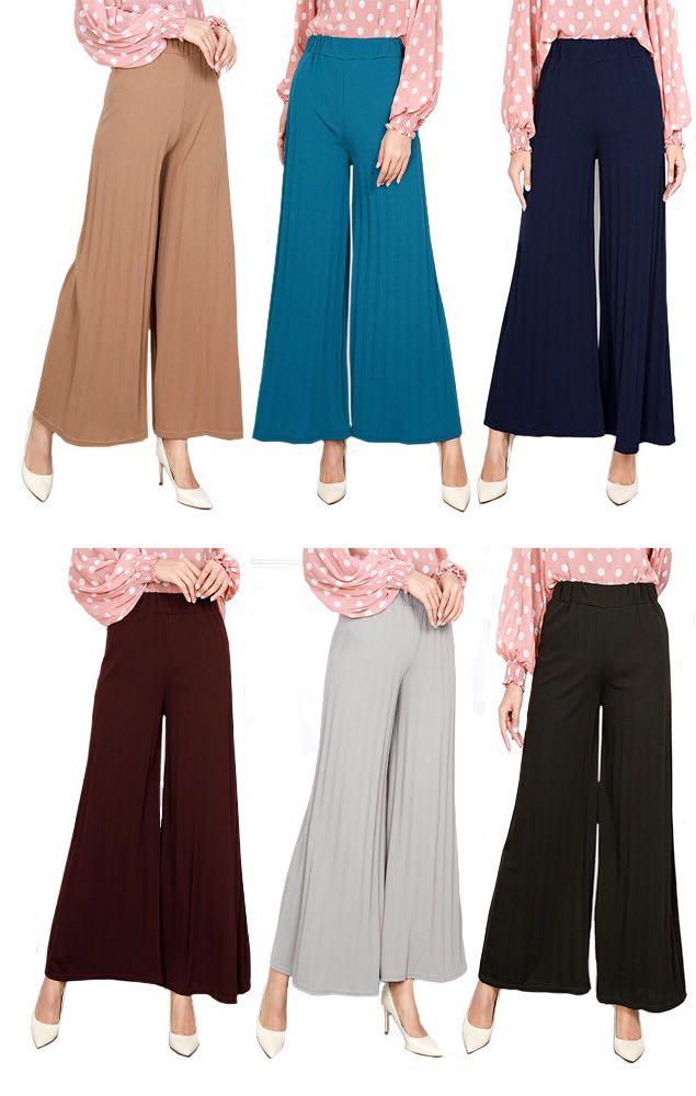 Bn Pre Raya Limited Time Sale Only Free Shipping 3 5 Days Shipping Time Women High Waist Flutter Pleated Wide Leg Long Pants Trousers Casual Palazzo Seluar Panjang Wanita Muslimah Fashion Bottoms On Carousell