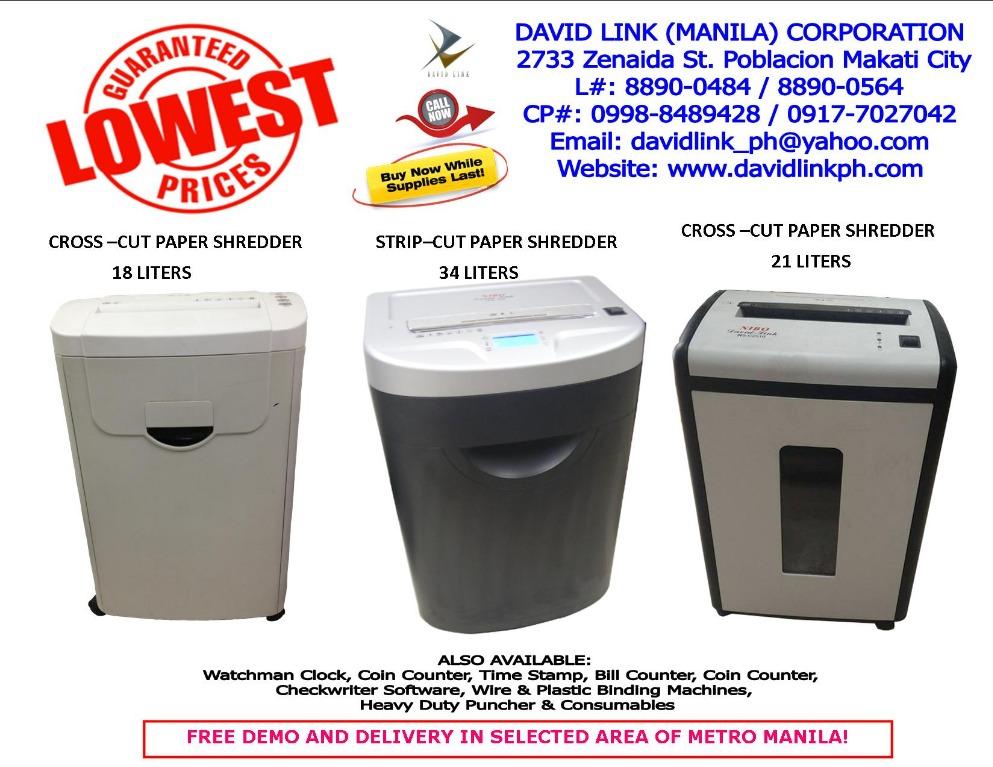 paper shredder / time stamp / bundy clock / biometrics fingerprint scanner / binding machine / laminator (Category: Office & Business Technology) located in Makati City. Submitted by davidlinkcorp (Listing ID 1080194202, Image 3). Description: *Please call for complete item details: price, features, specification, and availability of machines* *All items are C.O.D basis only* David Link (Manila) Corporation 3/F Regray Bldg., 705 JP Rizal Ave., Br