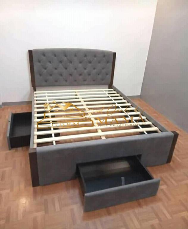 QUEEN BED WITH PULL-OUT STORAGE (Category: Bed Frames & Mattresses) located in Manila. Submitted by gooddealsbymama (Listing ID 1080230342, Image 2). Description: QUEEN BED WITH PULL-OUT STORAGE Queen-size: ₱14,000 Mattress Size: 60" x 75" Materials: Malaysian rubberwood Upholstery: Gray fabric *Bed Frame only. Mattress sold separately ✅FREE DELIVER & ASSEMBLE WITHIN METRO MANILA ✅CASH ON DELIVERY *Disclaimer: Product color may slightly vary due 
