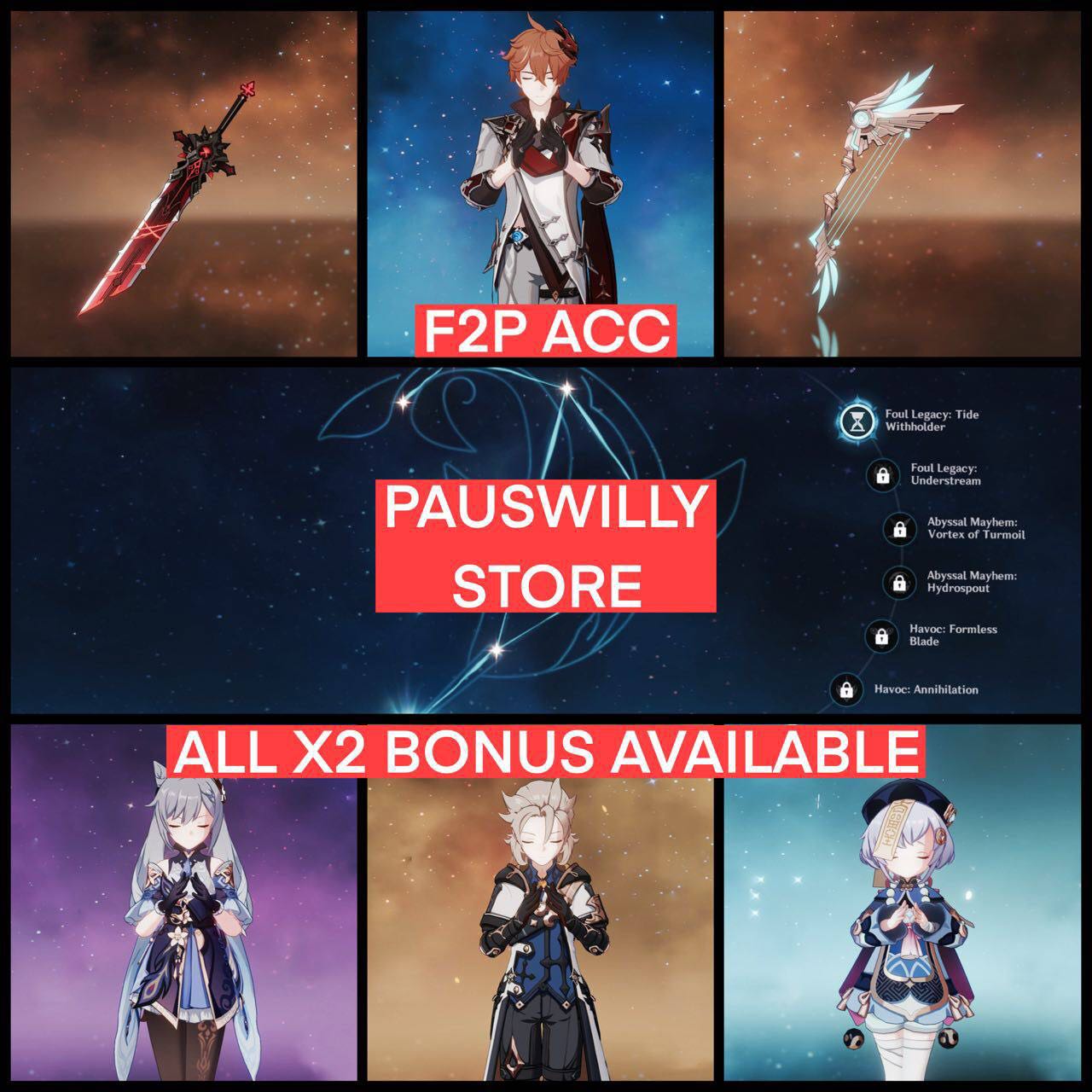 9 5*s, Hutao (Hu tao) + Staff of Homa, Childe (Tartaglia) + Skyward Harp,  Keqing + Aquilla Favonia, Venti, Qiqi, Skyward Pride Genshin Impact f2p  Account for sale, Video Gaming, Gaming Accessories