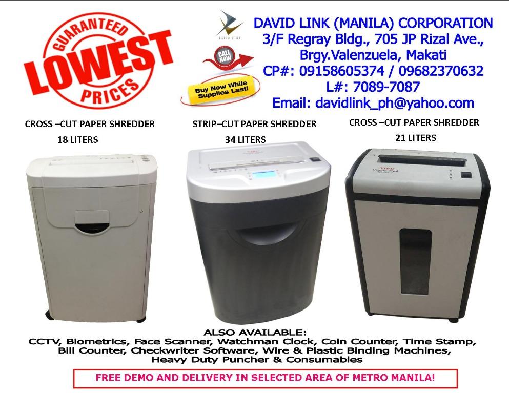 Time stamp / bundy clock / biometrics fingerprint scanner / binding machine / laminator / paper shredder (Category: Office & Business Technology) located in Makati City. Submitted by davidlinkcorp (Listing ID 1080194860, Image 2). Description: *Please call for complete item details: price, features, specification, and availability of machines* *All items are C.O.D basis only* David Link (Manila) Corporation 3/F Regray Bldg., 705 JP Rizal Ave., Br