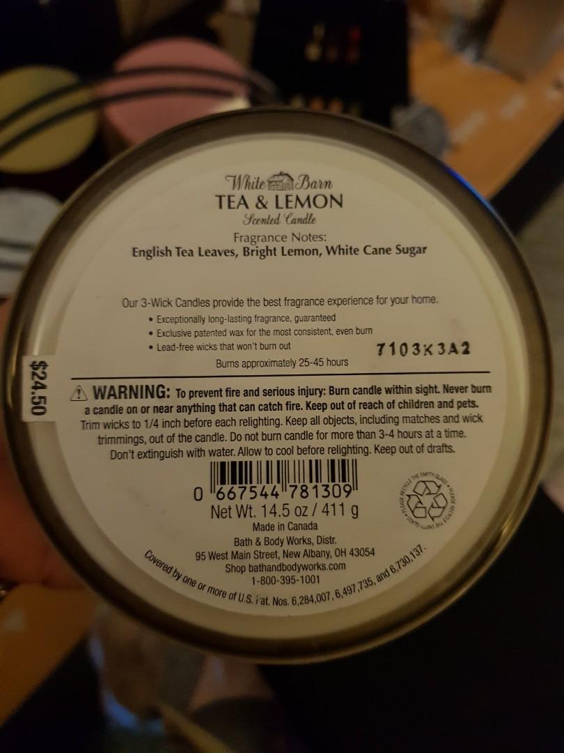 White Barn 3Wick Candle Tea & Lemon Candle, Furniture & Home Living