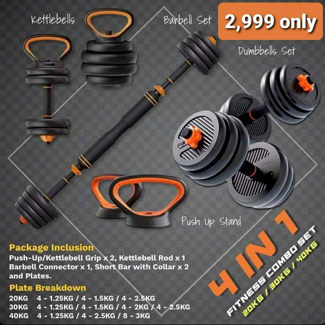 4 in 1 dumbbell, barbell, kettlebell set (Category: Weights & Dumbbells) located in Quezon City. Submitted by camille.mm (Listing ID 1063486983, Image 1). Description: JUST ARRIVED 🔥 4 IN 1 SET❗ 》dumbbells 》kettlebell 》barbell 》push up bar ⤵️ 20kg set - 2,999 only 30kg set - 3,499 only 40kg set - 3,999 only.
