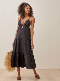Ashera Linen Black Midi Dress