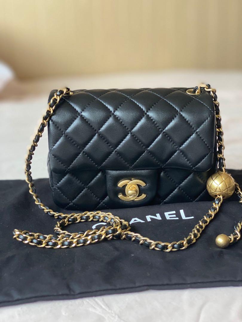 NWT! 22S CHANEL 🖤 Black Mini Square Pearl Crush Gold Ball Flap Bag GHW  Receipt