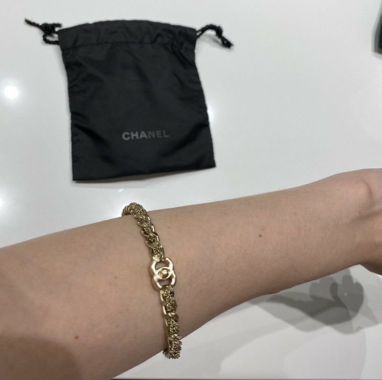 CHANEL Calfskin Logo Cuff Bracelet Black Gold 277226
