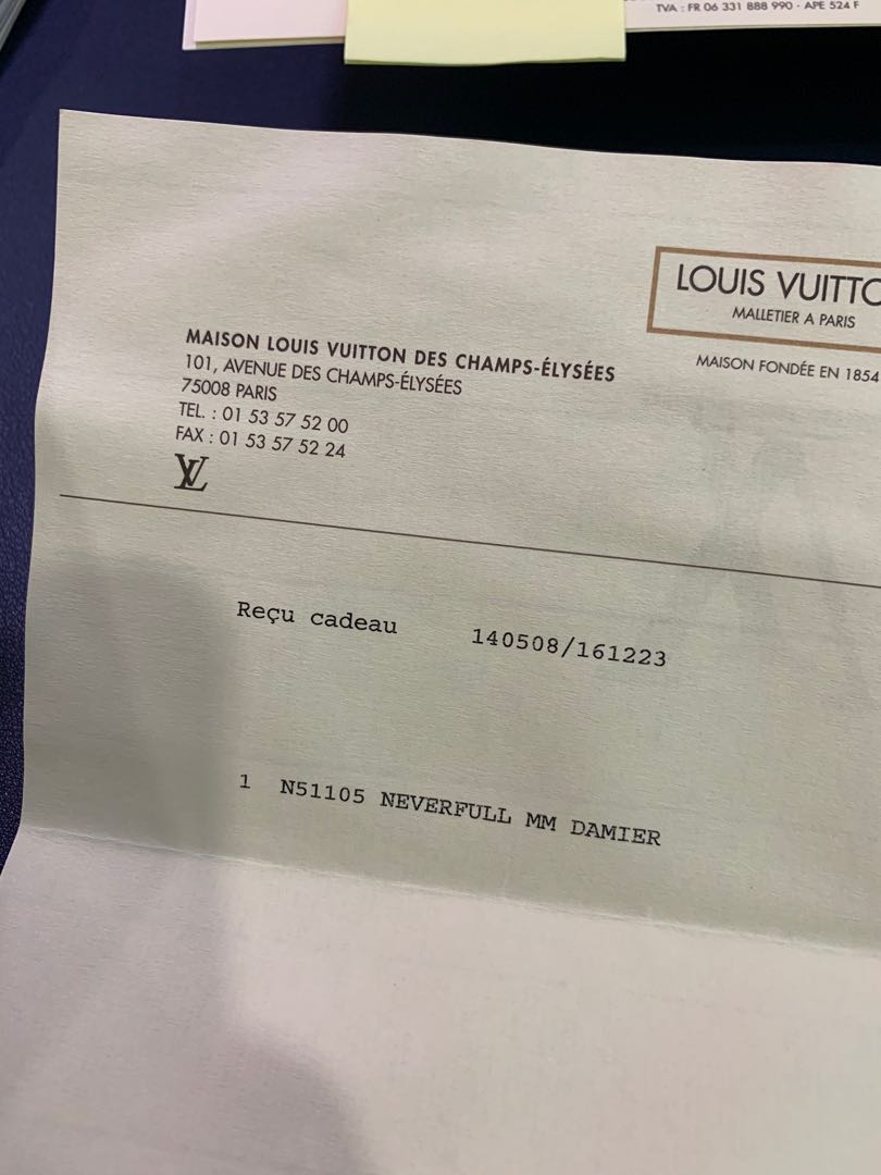 LV RECEIPT for Neverfull MM Damier, Luxury, Bags & Wallets on