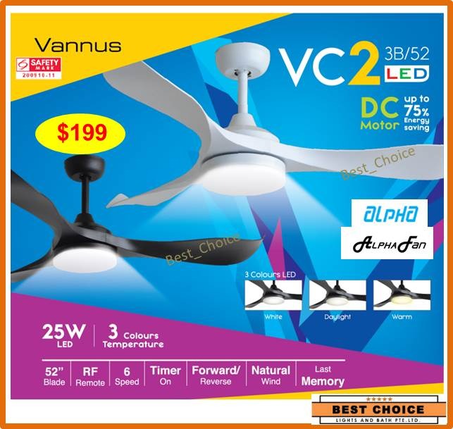 NEW 199 Alpha Vannus Ceiling Fan LED Light 25W DC Motor VC2 52inch