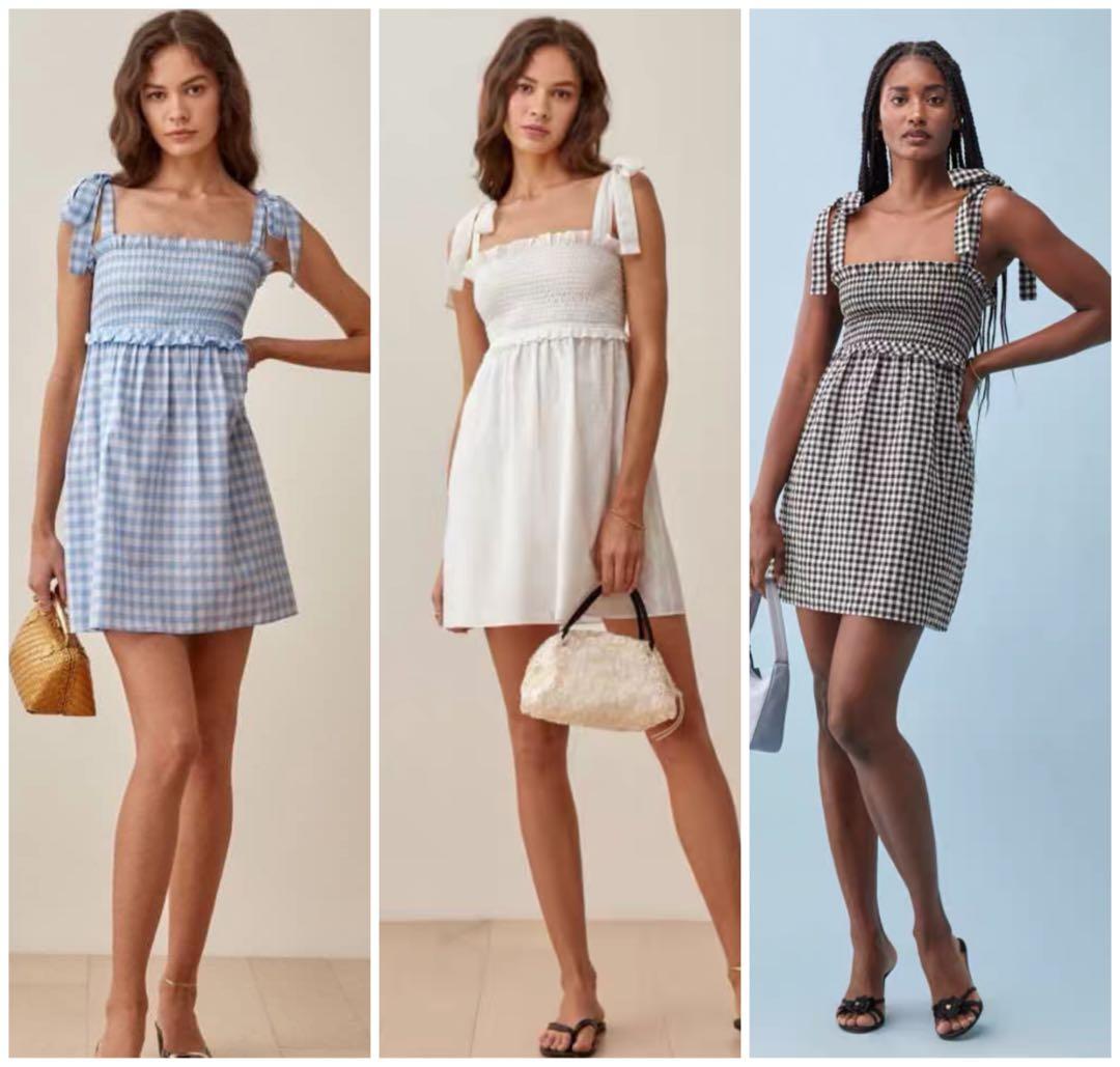 INSTOCK XS Reformation Dawson Mini Dress authentic Baby blue gingham White ivory black ginham
