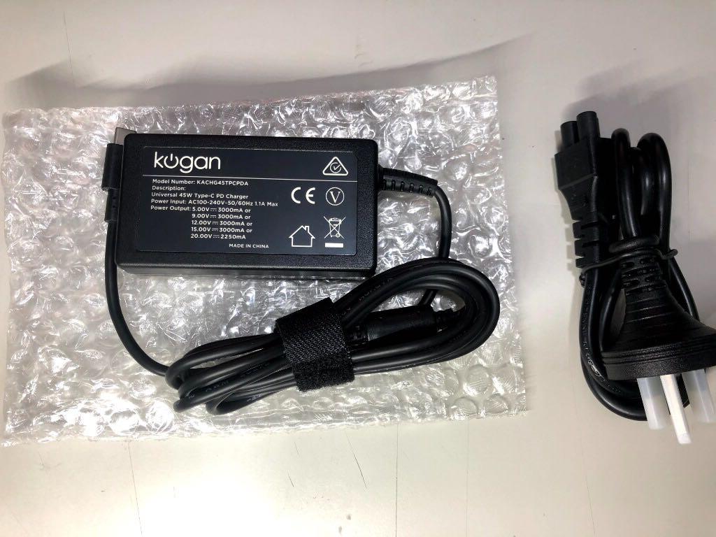 Universal 45W Type-C Charger (Category: Chargers) located in Quezon City. Submitted by outoftheboxph (Listing ID 1080559474, Image 1). Description: Universal 45W Type-C Power Delivery Charger Brand: Kogan (Australia) Model No.: KACHG45TPCPDA From laptops to mobile devices, the Kogan Universal 45W Type-C PD Charger can be used to charge any device with a USB Type-C port. Charges any USB Type-C electronic device Convenient compact and ultra-slim de
