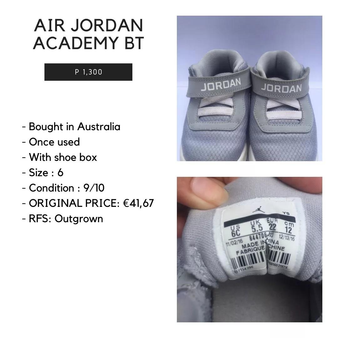 Air Jordan Academy Kid Shoes (Category: Babies & Kids Fashion) located in Cainta. Submitted by tripleseven0629 (Listing ID 1085093301, Image 1). Description: Air Jordan Academy Kid Shoes Once used RFS: Outgrown.
