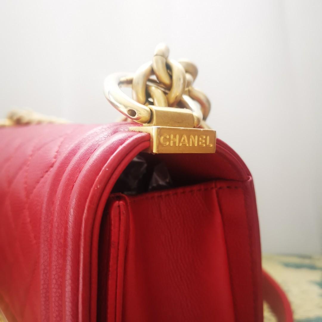 Chanel Boy Small in Red Caviar with Antique Gold Hardware