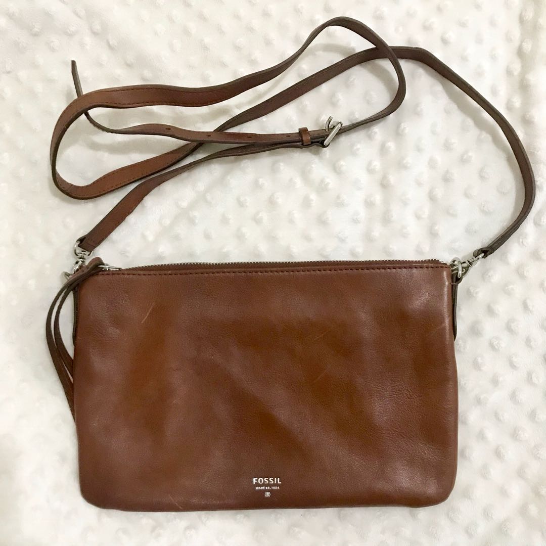 Fossil Leather Sling Bag Brown Fesyen Wanita Tas Dompet di