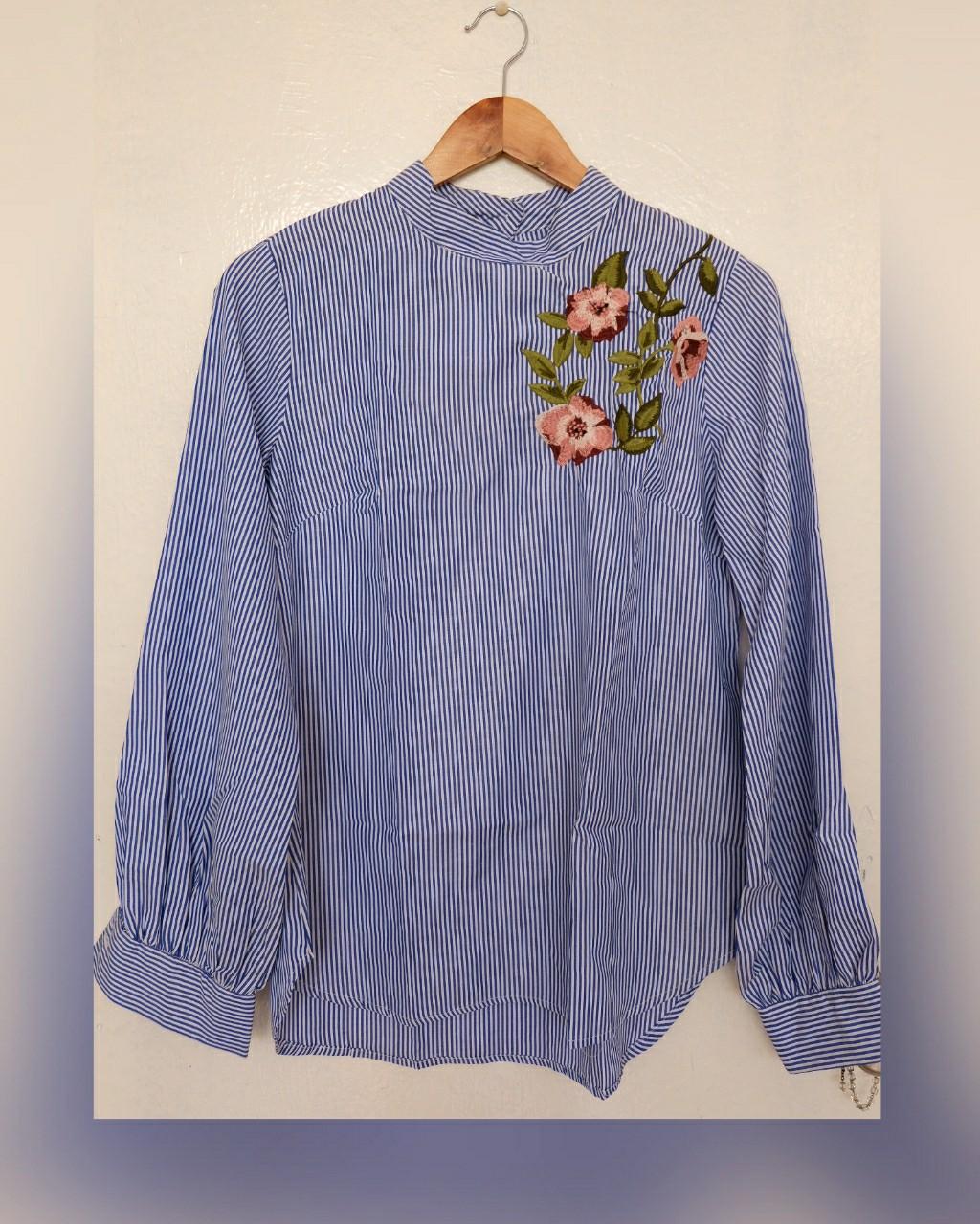 Longsleeve Office Top, Blue Stripe, Embroidered (Category: Others Tops) located in Makati City. Submitted by glammodaph (Listing ID 1085011382, Image 1). Description: stradivarius inspired S-M.
