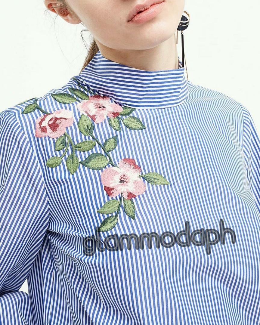 Longsleeve Office Top, Blue Stripe, Embroidered (Category: Others Tops) located in Makati City. Submitted by glammodaph (Listing ID 1085011382, Image 3). Description: stradivarius inspired S-M.