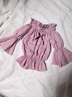 Sabrina pink brown ribbon off shoulder kawaii top atasan blouse thrift y2k