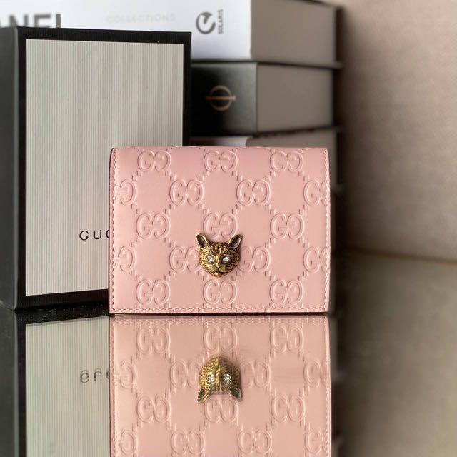 Gucci Signature Card Case Wallet With Cat in Pink