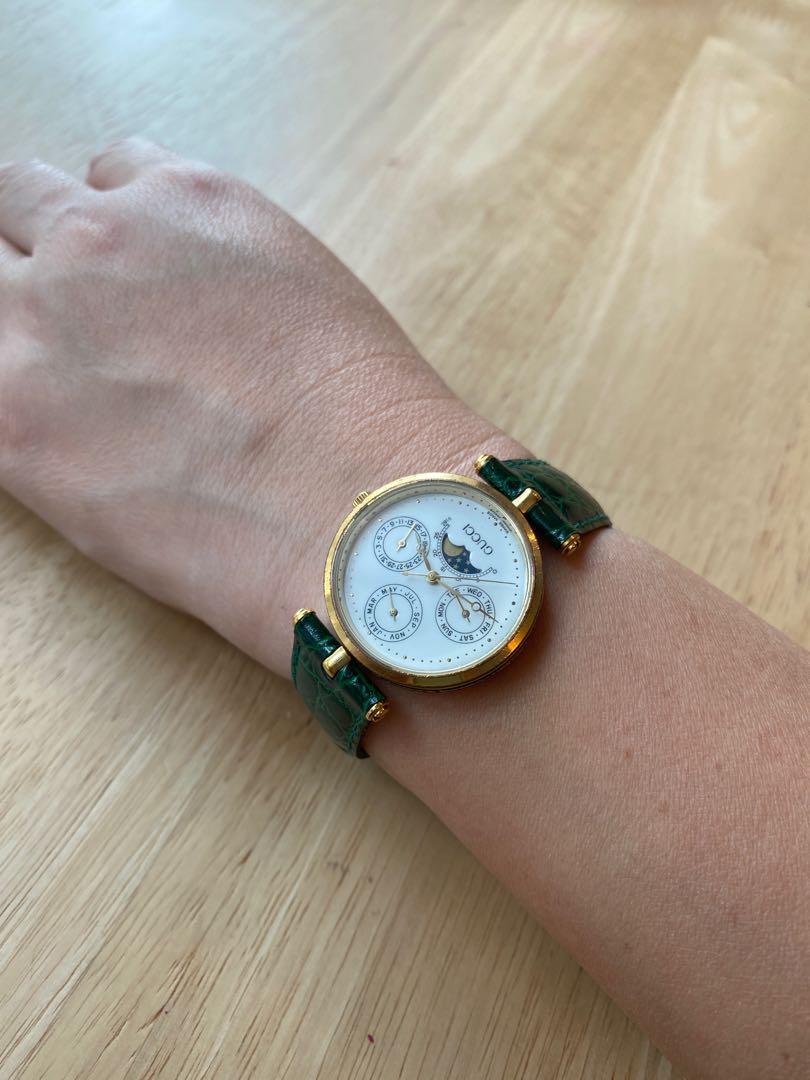 GUCCI Moonphase Certificated Authentic Watch Green Leather Luxury