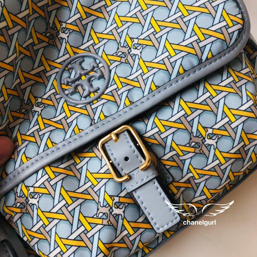 New Tory Burch Piper Printed Crossbody Northern Blue Basketweave Nylon Bag