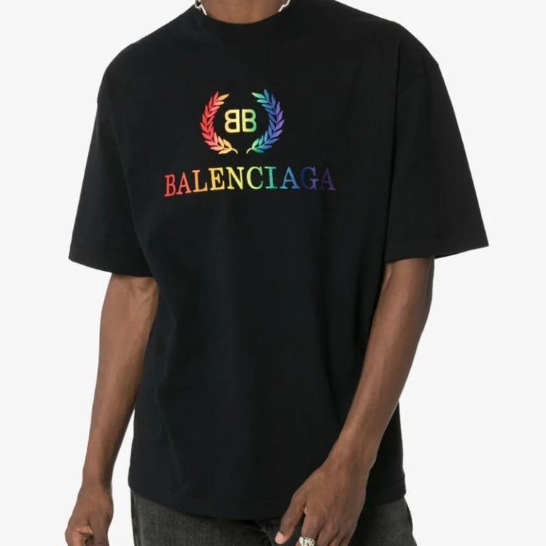 BNWT Balenciaga Rainbow Logo Embroidered Cotton T Shirt Black