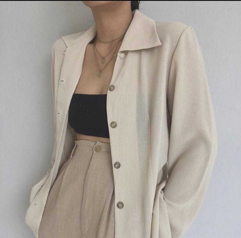 beige oversized shirt premium, Fesyen 