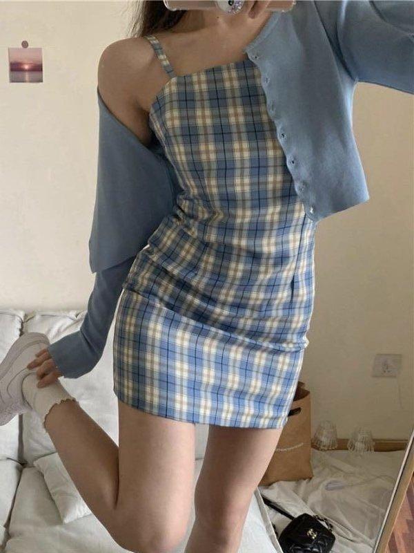 blue checkerboard dress