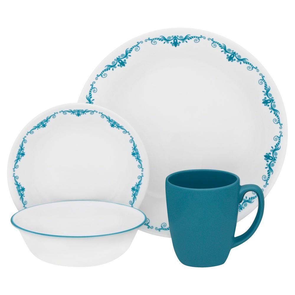 16pc Corelle GARDEN LACE Dinnerware Set *TEAL BLUE Turquoise Flourishes Swirls 