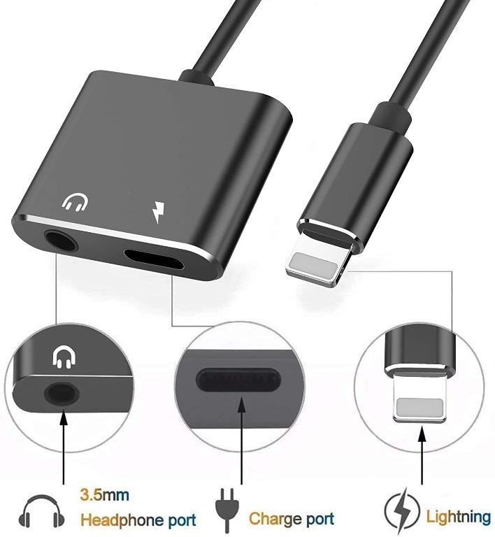 ZERKAR Headphone Jack Adapter for Phone 3.5mm AUX Earphone Splitter 3 in 1 Audio Call Charge Compatible for Xs/Xs Max/XR/X/8/7/6/Pad/Pod Black