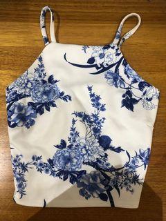 HALTER NECK CROP TOP WITH BLUE FLORAL DETAILING