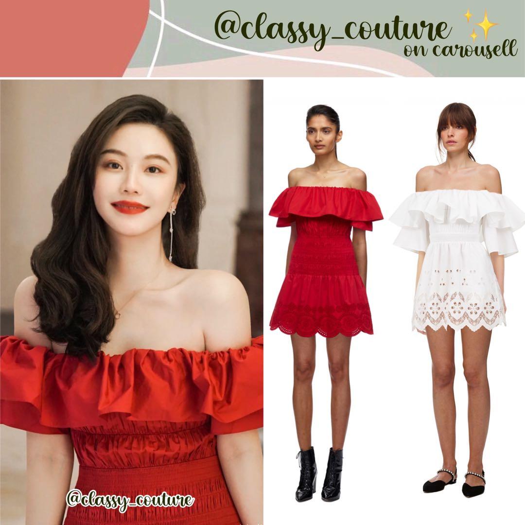 Self Portrait Red One Shoulder Cotton Poplin Mini Dress Off Shoulder Cotton Broderie Tunic