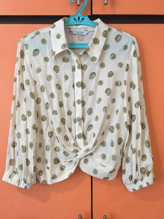 ZARA Ivory Green Polka Dot Twist Knot Crop Top Women s Fashion Tops Blouses on Carousell