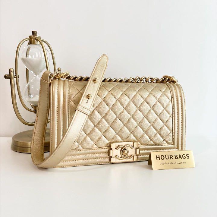 SOLD Authentic Chanel Boy Old Medium Caviar in Gold with Champagne Gold Hardware