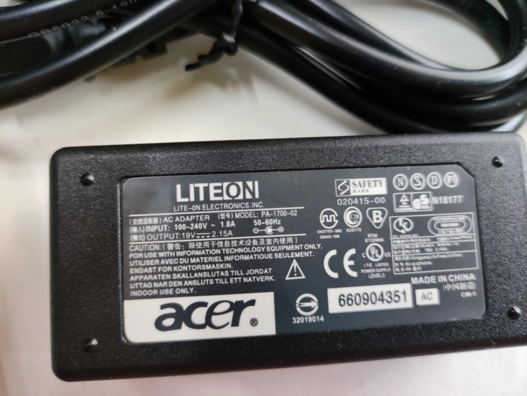 Acer Laptop Charger (Category: Chargers) located in Caloocan City. Submitted by dianethriftstore (Listing ID 1087428750, Image 1). Description: 1.Acer Aspire One 19v 2.15a/1.58A for d250, d255e, d260, d270,d271, d257, 722, zg8 Brand: Applicable For Acer Input: AC100V-240V Universal Output: 19V2.15A/1.58A Power: 40W Interface: 5.5*1.7.