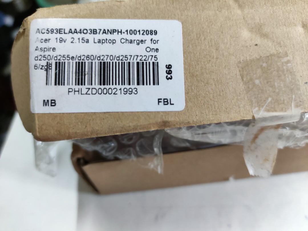 Acer Laptop Charger (Category: Chargers) located in Caloocan City. Submitted by dianethriftstore (Listing ID 1087428750, Image 3). Description: 1.Acer Aspire One 19v 2.15a/1.58A for d250, d255e, d260, d270,d271, d257, 722, zg8 Brand: Applicable For Acer Input: AC100V-240V Universal Output: 19V2.15A/1.58A Power: 40W Interface: 5.5*1.7.