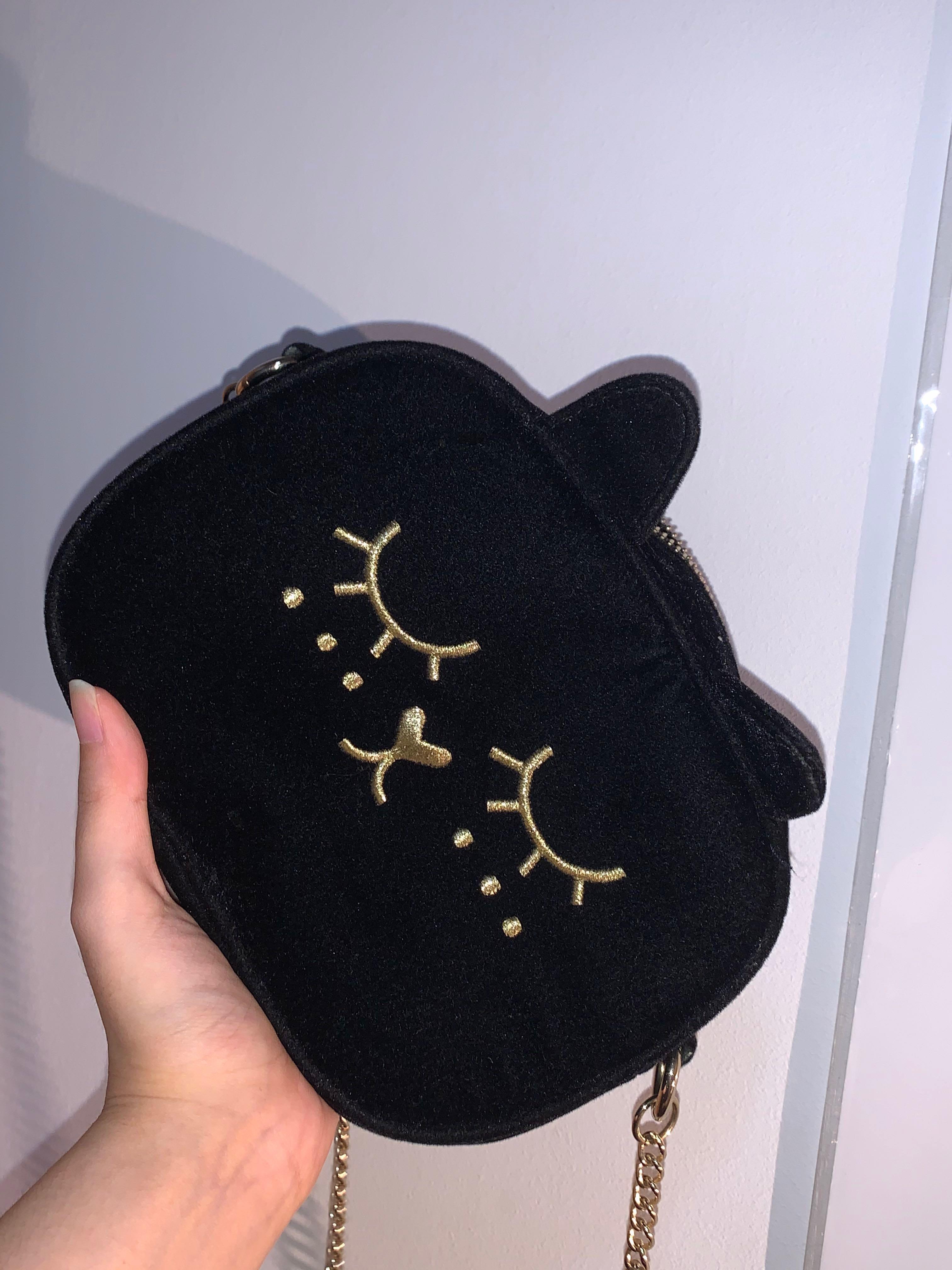 ASOS Black Cat Velvet Cross Body Sling Bag kitty golden embroidery Women s Fashion Bags Wallets Cross body Bags on Carousell