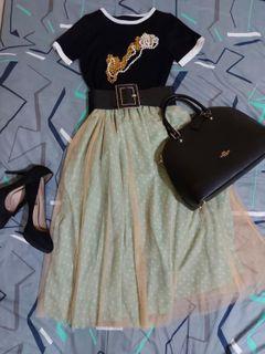 Black knitter ringer tee and teal mesh polkadot skirt
