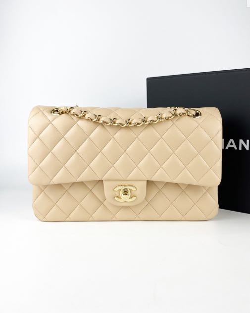 Chanel Beige Lambskin Small Classic Double Flap Light Gold Hardware   Madison Avenue Couture