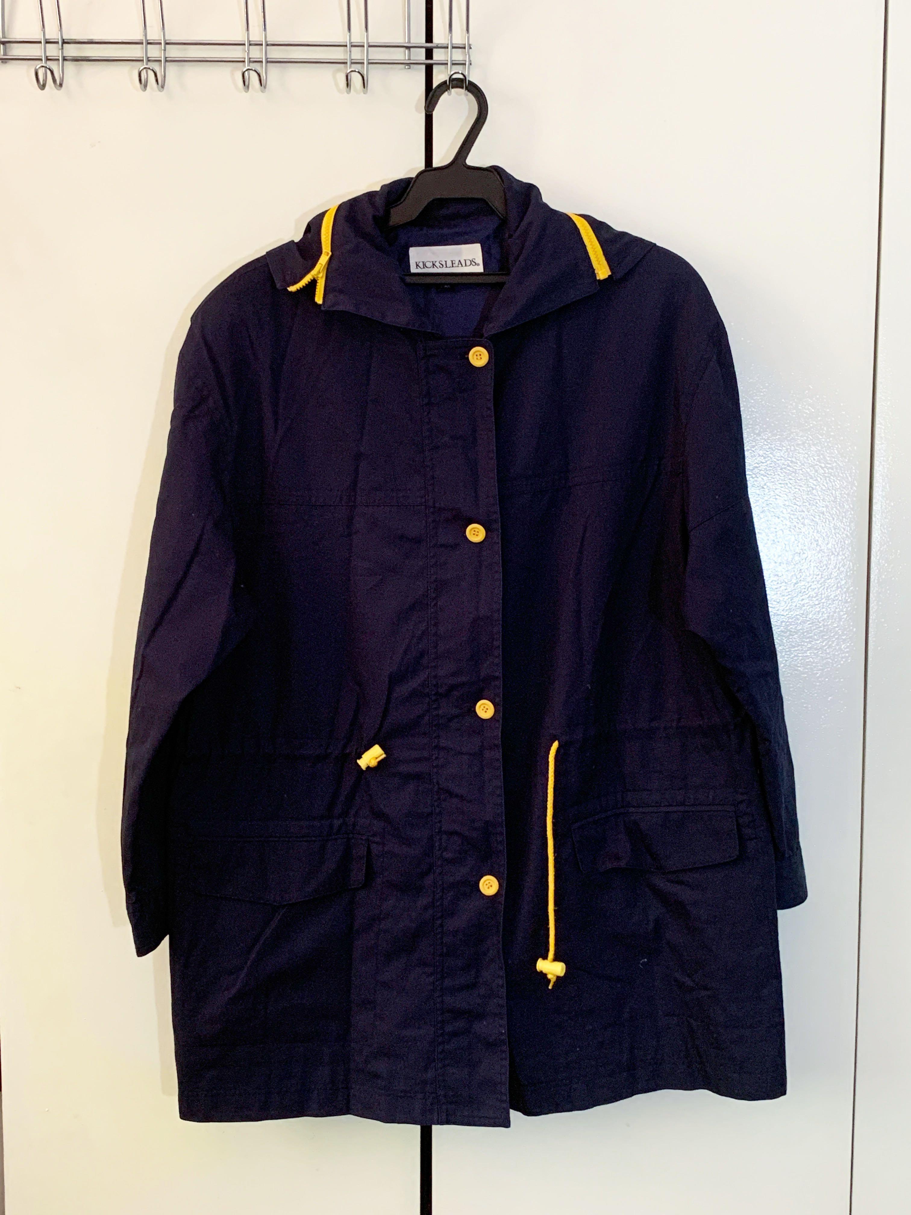 dark blue coat with detachable hood (Category: Coats, Jackets and Outerwear) located in Pasig City. Submitted by starchilds (Listing ID 1087385238, Image 1). Description: - condition: 10/10 - detachable hood - button and zipper close - shoulder pads .