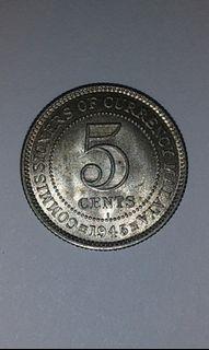 Malaya unc silver coin  5 cents 1945 i
