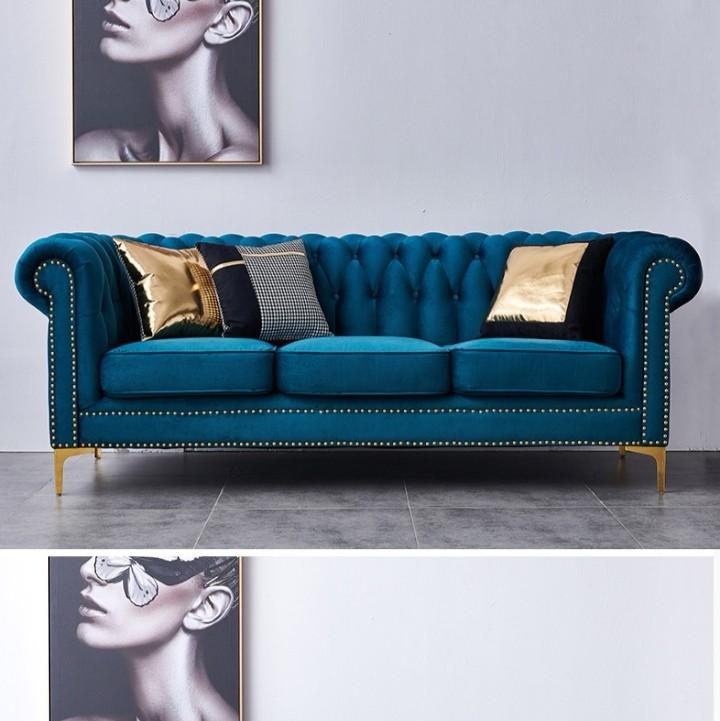 Po 210 X 80 X H74 Cm Splendid Peacock Velvet Solid Wood Thick Firm Cushioned 3 Seat Tufted Chesterfield Sofa With Gold Stainless Metal Legs Fashion Forward Bold And Daring Furniture