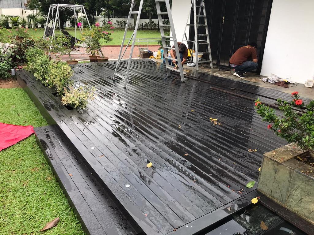 Outdoor Timber Decking, patio, planter Install, Repair and Polishing, Wooden balcony, sand varnish, stain walnut color , wood decking, decking varnish 62853069526529112